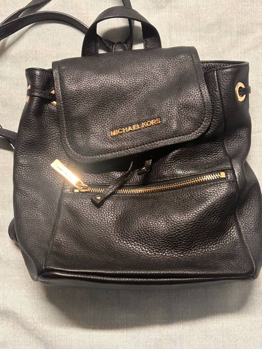 Michael Kors Black Pebbled Leather Drawstring Backpack with Gold Hardware